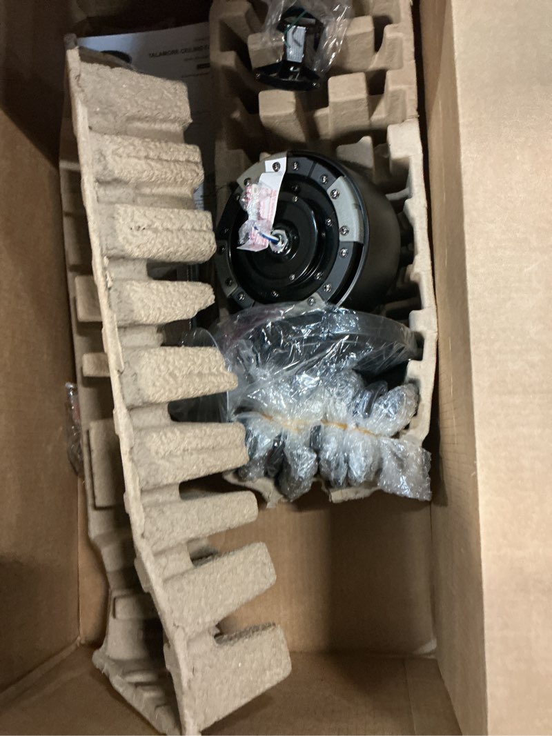 Condition photo showing As Is for harbor breeze talamore 60-in matte black with auburn/weathered oak blades color-changing integrated led indoor/outdoor downrod or flush mount ceiling fan with light and remote (8-blade)