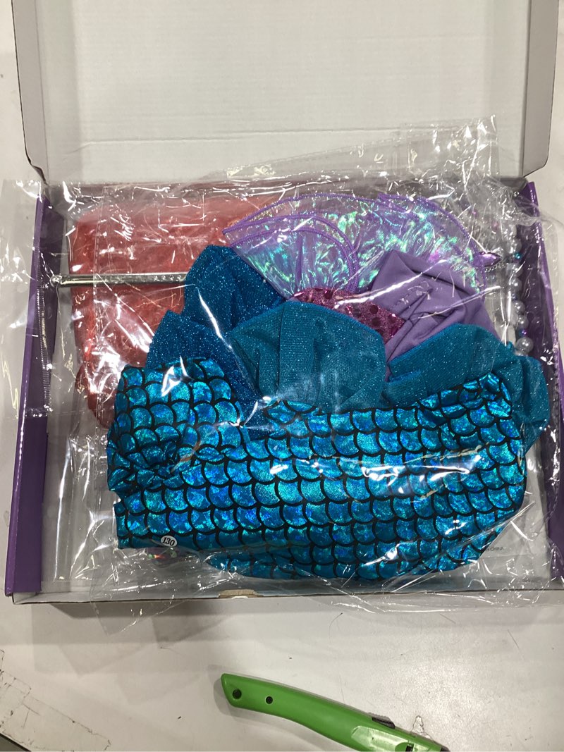 Condition photo showing New/Like New for Girls Little Mermaid Costume Princess Dress Up Set with Wig Accessories for Halloween Cosplay Party 3-7 Years Purple 5-6Years
