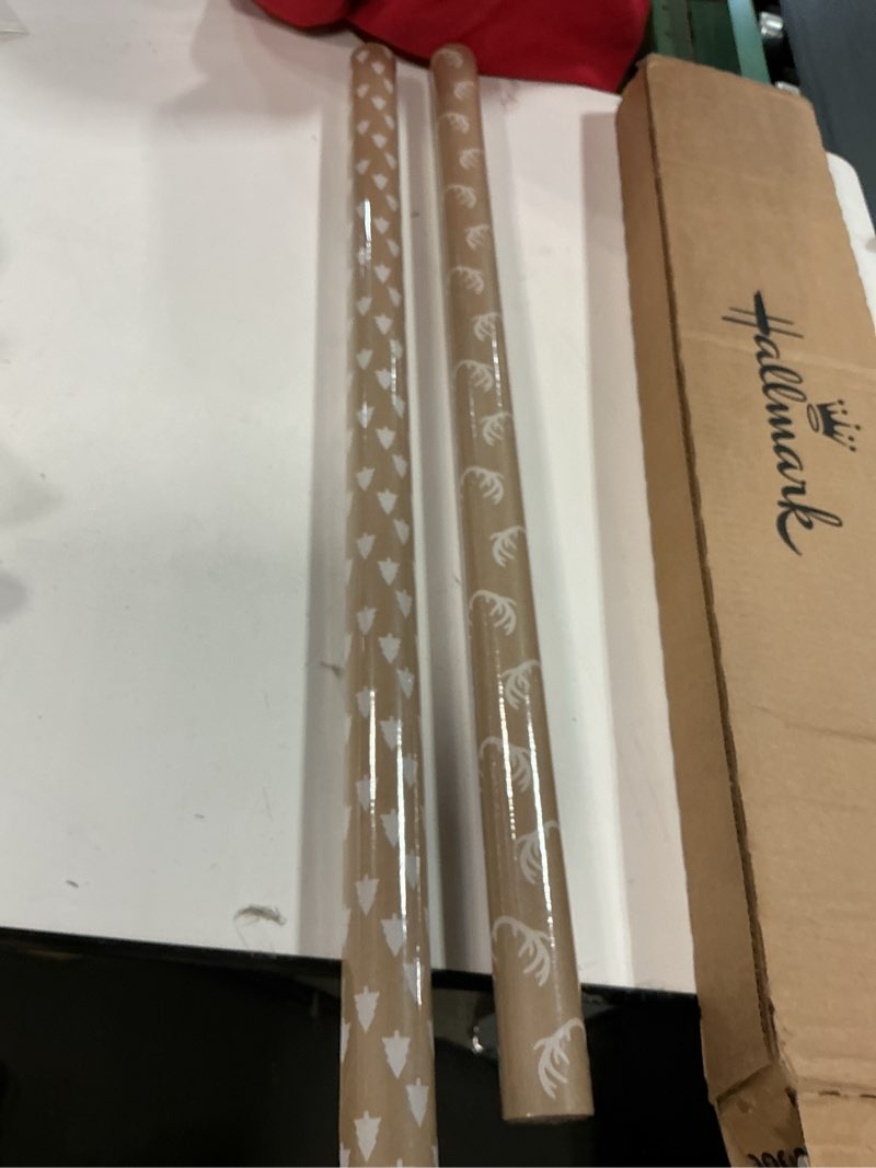 Condition photo showing Good Condition for Hallmark Christmas Wrapping Paper Bundle with Cut Lines on Reverse, Kraft (Pack of 2, 88 sq. ft. ttl) Red Trucks, Snowflakes, Stripes, Merry Christmas (5JXW1038) Red Trucks, Snowflakes, Red Stripes, Merry Christmas