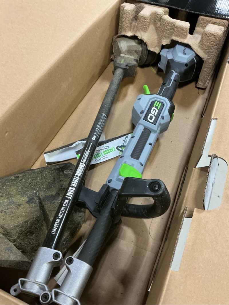 Condition photo showing As Is for ego powerload with line iq 56-volt 16-in telescopic shaft battery string trimmer 4 ah (battery and charger included)