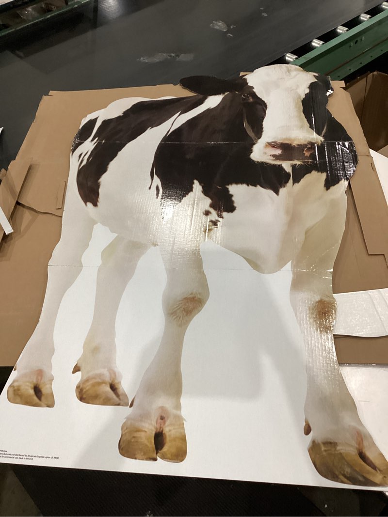 Condition photo showing As Is for similar )))4ft cow cardboard cutout life-size animal cutout realistic farm animal photo booth prop decor for parties, farm-themed events, classrooms, birthday decoration supplies 29.76 x 47.24 inches