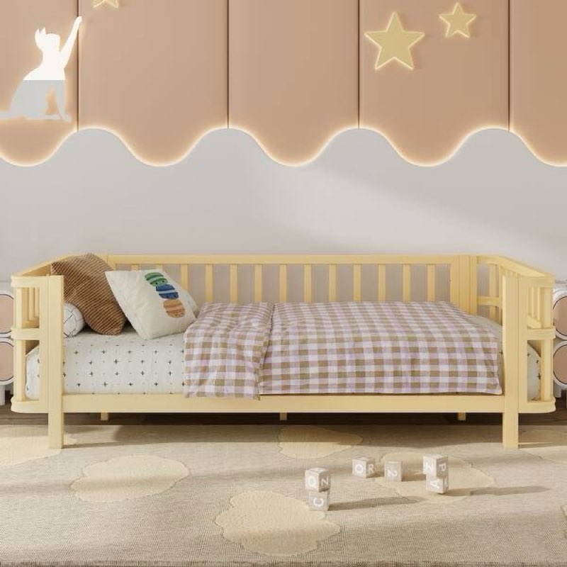 Double Wooden Platform Bed With Railings, Low Iron Double Bed With Railings (Twin)