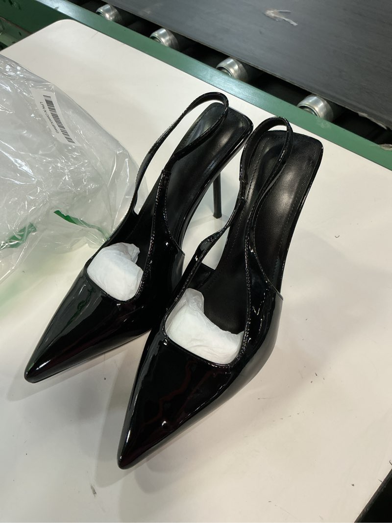 Condition photo showing Good Condition for theshy women's pointed toe high stiletto heels slingback stretch slip-on pumps backless patent leather fashion dress shoes for women 9.5 black