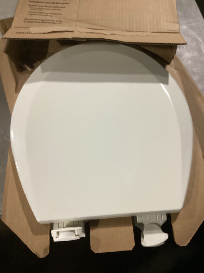 Condition photo showing As Is for bemis 500ec durable wood toilet seat with easy clean hinges, made in usa, round, biscuit biscuit round