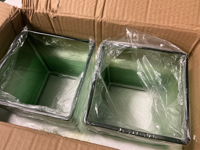 Condition photo showing Good Condition for square green glass vases set of 2, 6" x 6" x 6" square vase for centerpieces, flower vases for centerpiesquare vaseces, small vase for wedding, party, home office decoration green 6 inch-2 pcs