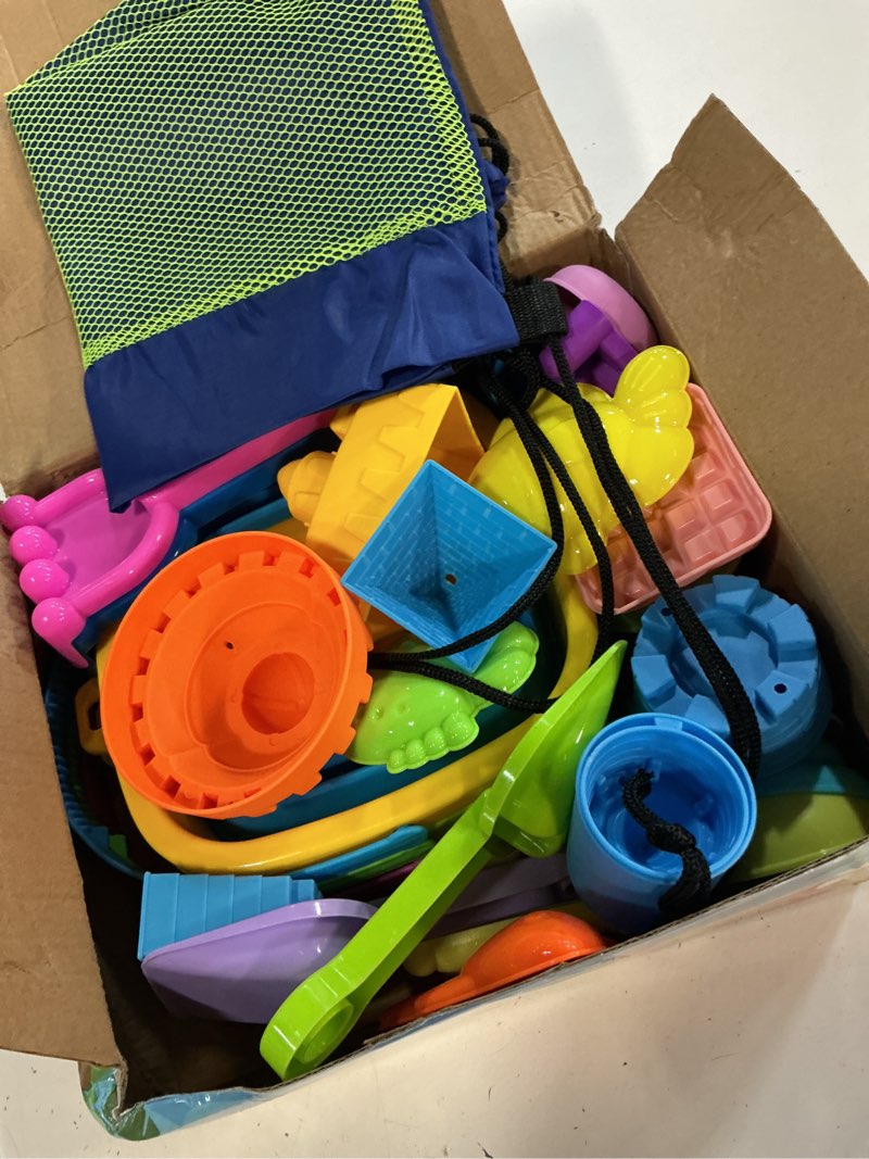 Condition photo showing New/Like New for collapsible beach toys for kids toddlers, 3 foldable buckets and shovels set, sand castle building kit, ice cream travel sand toys for sandbox & mesh bag, beach essentials for boys girls age 3-10