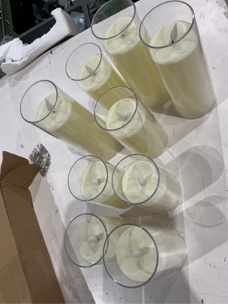 Condition photo showing As Is for homemory ivory flickering flameless candles, battery operated acrylic led pillar candles with remote control and timer, set of 9 ivory, 9pack