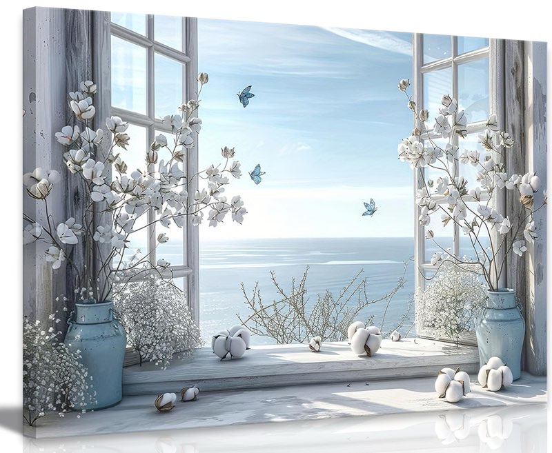 Coastal Flower Bathroom Canvas Wall Art Farmhouse Cotton Bouquet and Butterfly Bathroom on Window Wa