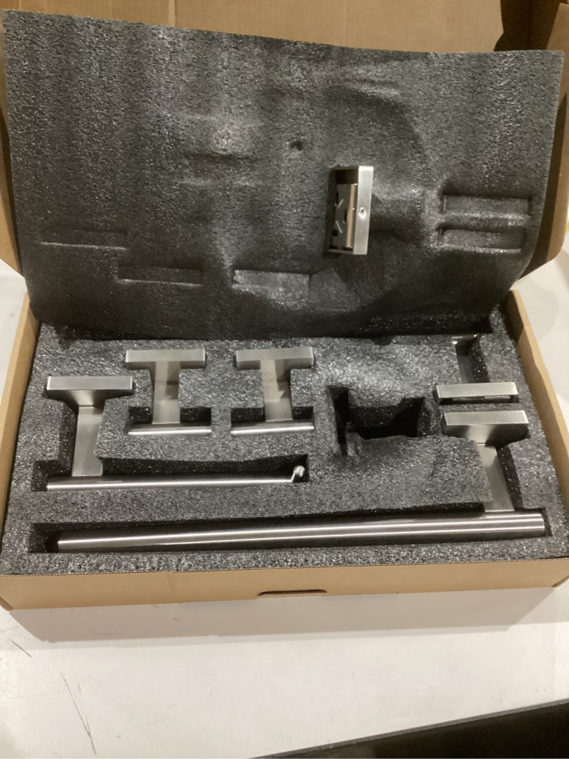 Condition photo showing Good Condition for 5 pieces bathroom hardware set, brushed nickel towel bar set includes 23.6” towel bar, towel ring holder, toilet paper holder and two towel hooks, bathroom accessories set sus304 wall mounted brushed nickel 5pcs-original