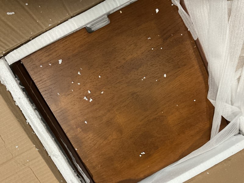 Condition photo showing As Is for Mid-Century Modern Solid Wood Nightstand, Narrow Bedside Table with Fluted Glass Cabinet & 2 Drawers for Small Bedroom, Walnut Finish (Walnut Color, 15.75'W *15.75" D*23.81" H) Walnut Color 15.75'W *15.75"D*23.81"H