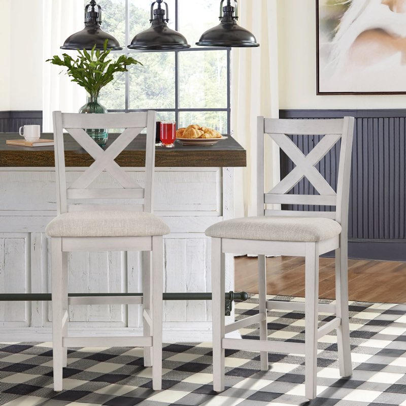 Fabiola 25'' X-Back Solid Wood Fabric Upholstered Bar & Counter Stool with Footrest
