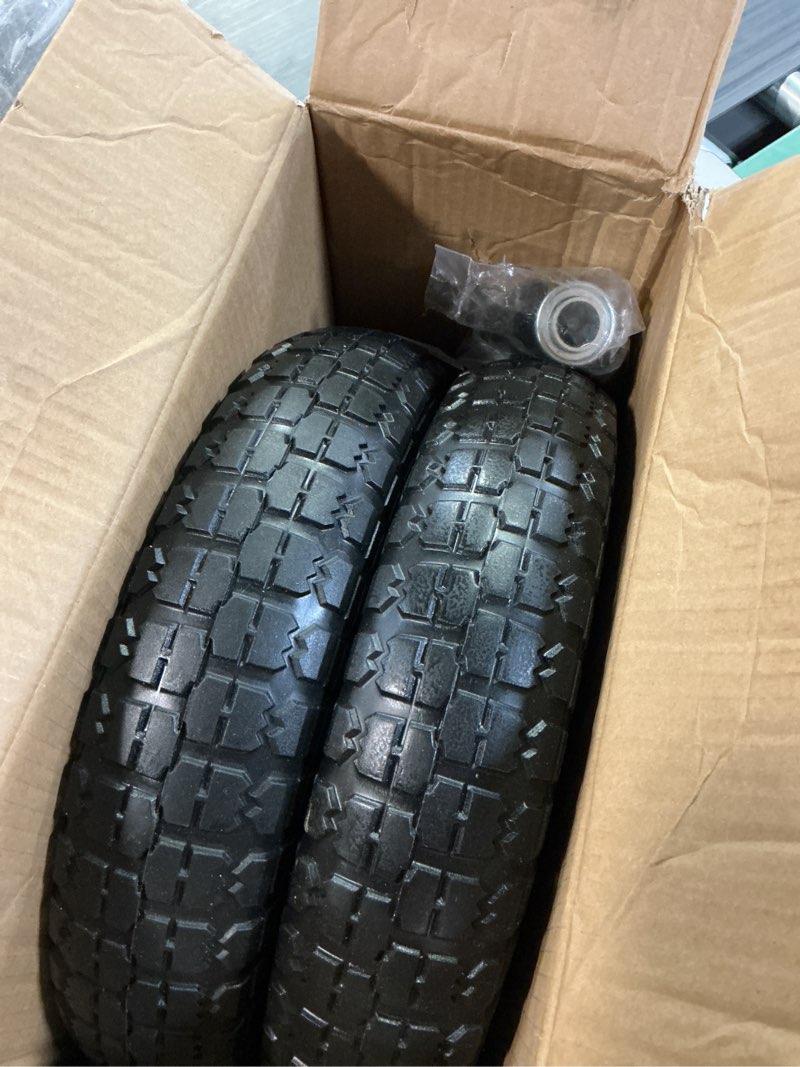 Condition photo showing Good Condition for 4.80/4.00-8 flat free tire and wheel, 14.5" solid wheelbarrow tire with 3"-7" adjustable centered hub, 5/8" & 3/4" bearings, universal replacement for garden cart, hand truck, dolly (2 pack) 14.5"-4.80/4.00-8" 2 pack