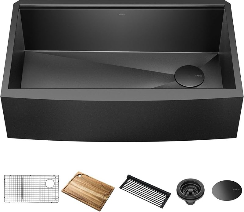 kraus kore workstation 27-inch farmhouse apron front 16 gauge black stainless steel single bowl kitc