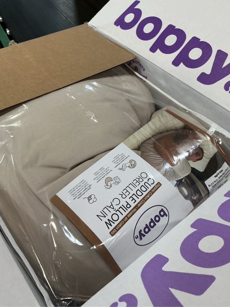 Condition photo showing Good Condition for boppy cuddle pillow with 100% organic cotton removable cover, hypoallergenic fiber fill, contoured for support for side sleeping, relieve shoulder pressure, align hips for lower back pain, biscuit