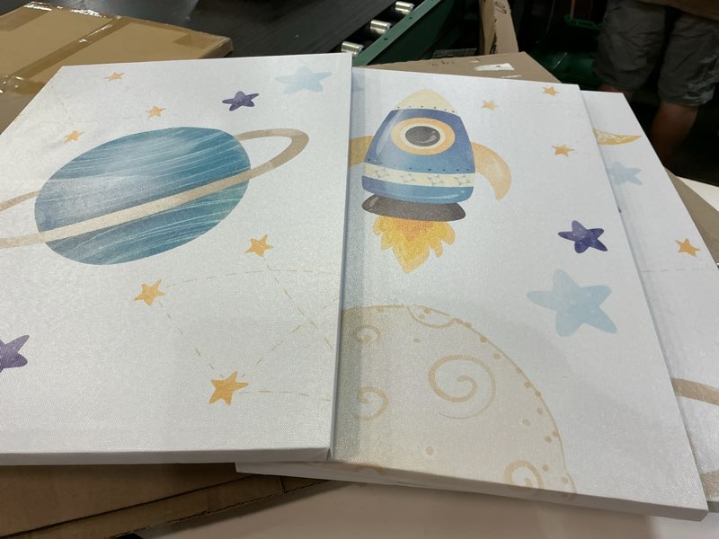 Condition photo showing Good Condition for 3pcs space nursery canvas wall art fun planet poster print rocket and astronaut pictures explore dream galaxy painting artwork children's room wall decor for boys' room classroom 16x24in framed canvas 24l" x 16w"
