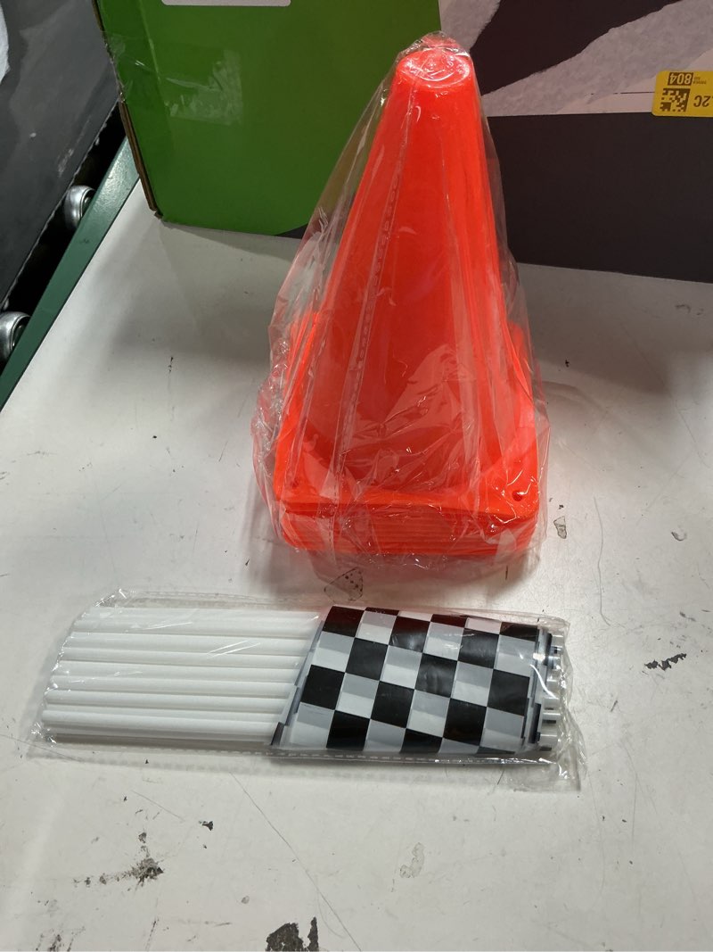 Condition photo showing As Is for 4e's novelty 38 pieces set - 12 traffic cones with hole on top, 24 checkered flags, racetrack floor runner - for for race car birthday party supplies, table centerpiece decorations kids gift