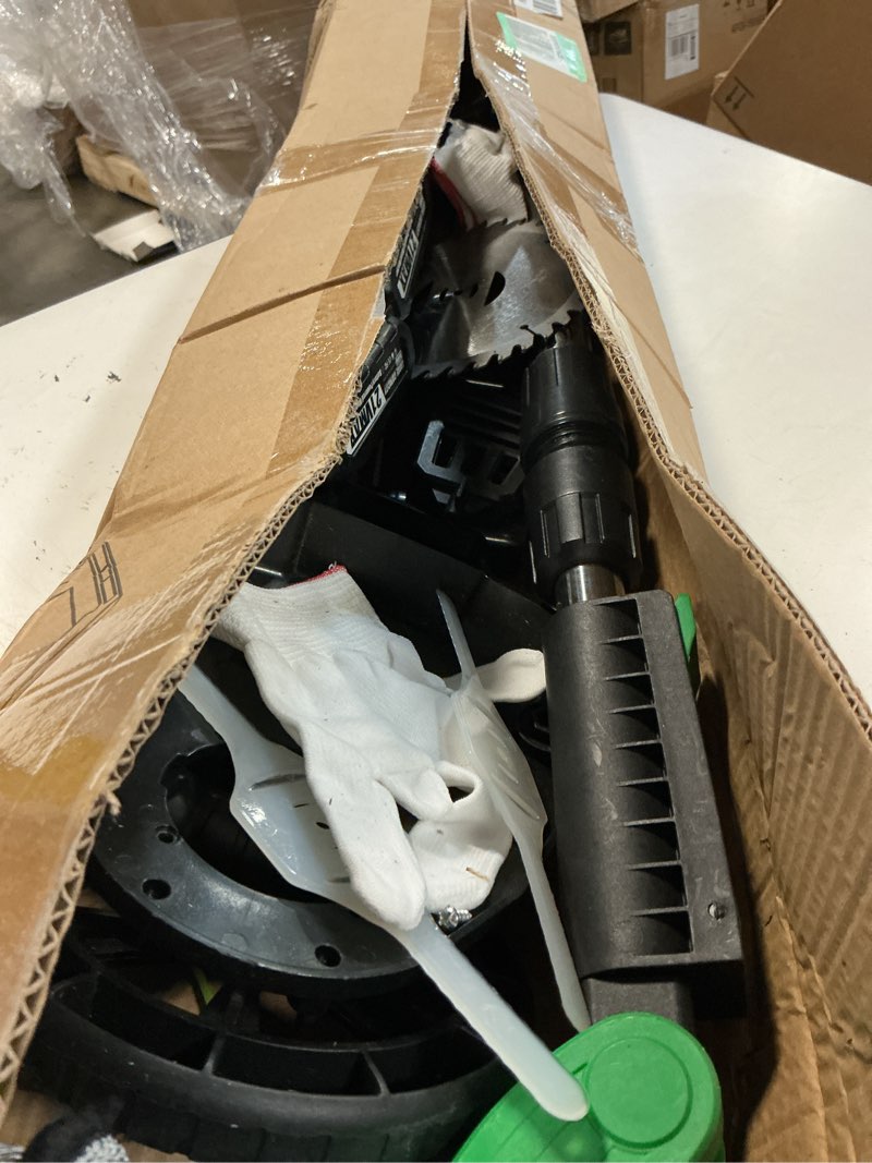 Condition photo showing As Is for electric weed wacker battery powered, cordless weed trimmer with 21v battery operated & charger & wheels & 25 blades, no-string brush cutter/lawn edger/grass trimmer for garden yard