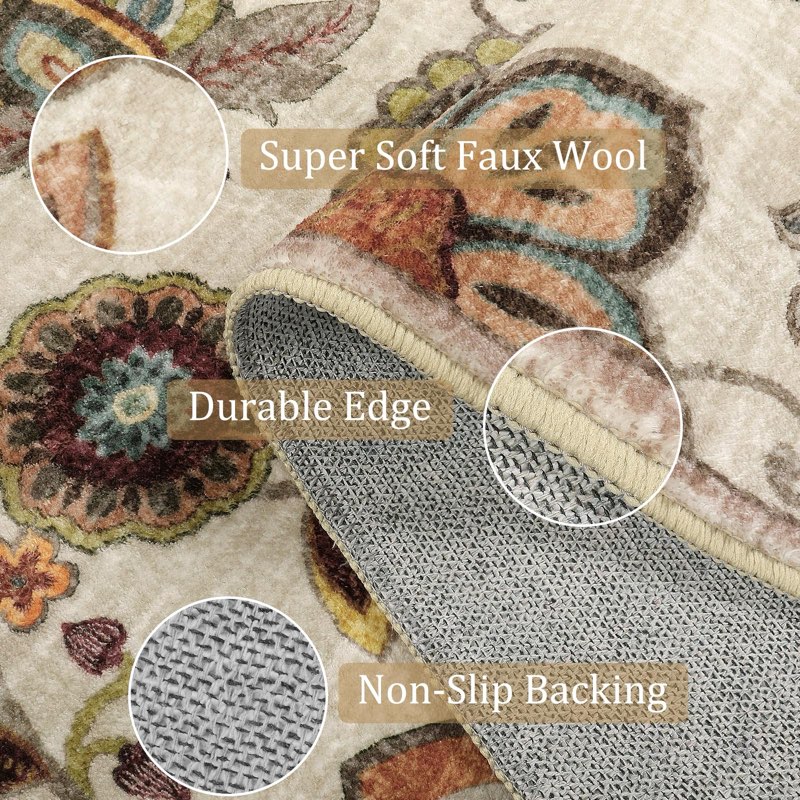 lahome boho rugs for living room, large 8 x 10 area rugs for living room non slip,soft ultra-thin distressed floral throw carpet for bedroom office dining room, cream/multi