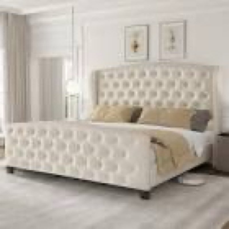 Queen Size Bed Frame Velvet Upholstered Platform Bed with Wingback Headboard & Footbaord, Deep Button Tufted Bed Frame with Wood Slats Support, No Box Spring Needed, Beige