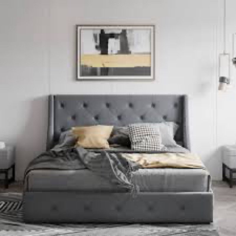 Kassaia Velvet Upholstered Metal Nail Trim Platform Bed with Tufted Headboard and 4 Drawers