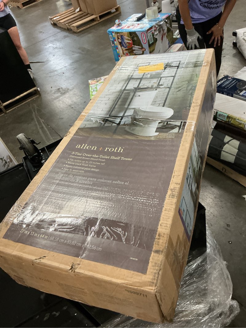 Condition photo showing As Is for allen + roth 27-in x 64-in x 13-in pewter 3-shelf over-the-toilet storage