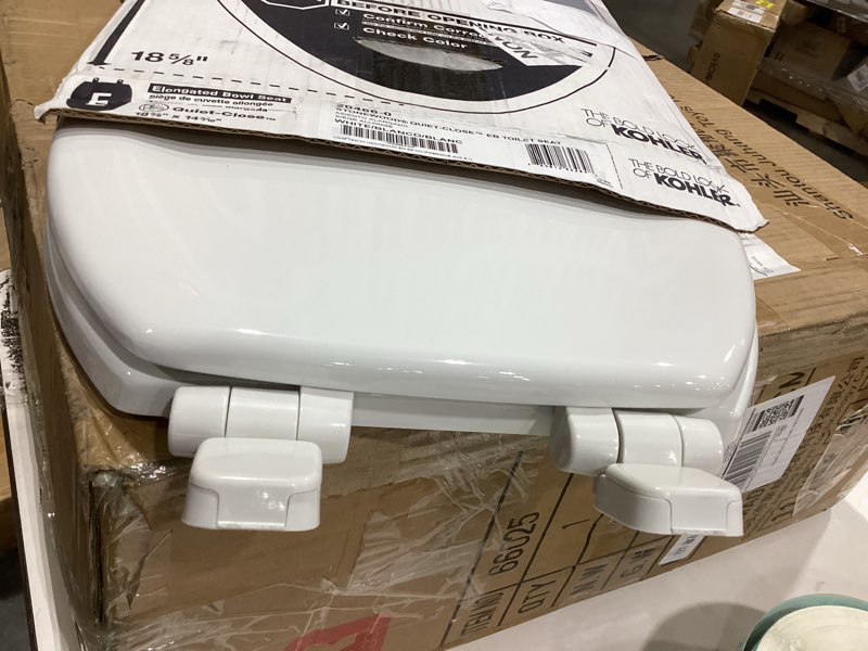 Condition photo showing Good Condition for kohler 4636-rl-0 cachet readylatch elongated slow close toilet seat, soft close toilet seat quiet lid, contoured grip-tight bumpers installation hardware, apartment essentials, white white elongated ready latch