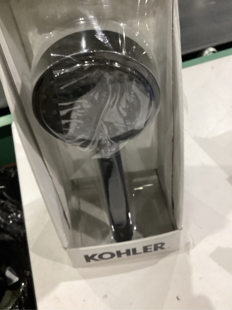 Condition photo showing As Is for kohler premise 3-settings matte black 4.31-in round handheld shower head 1.75 gpm