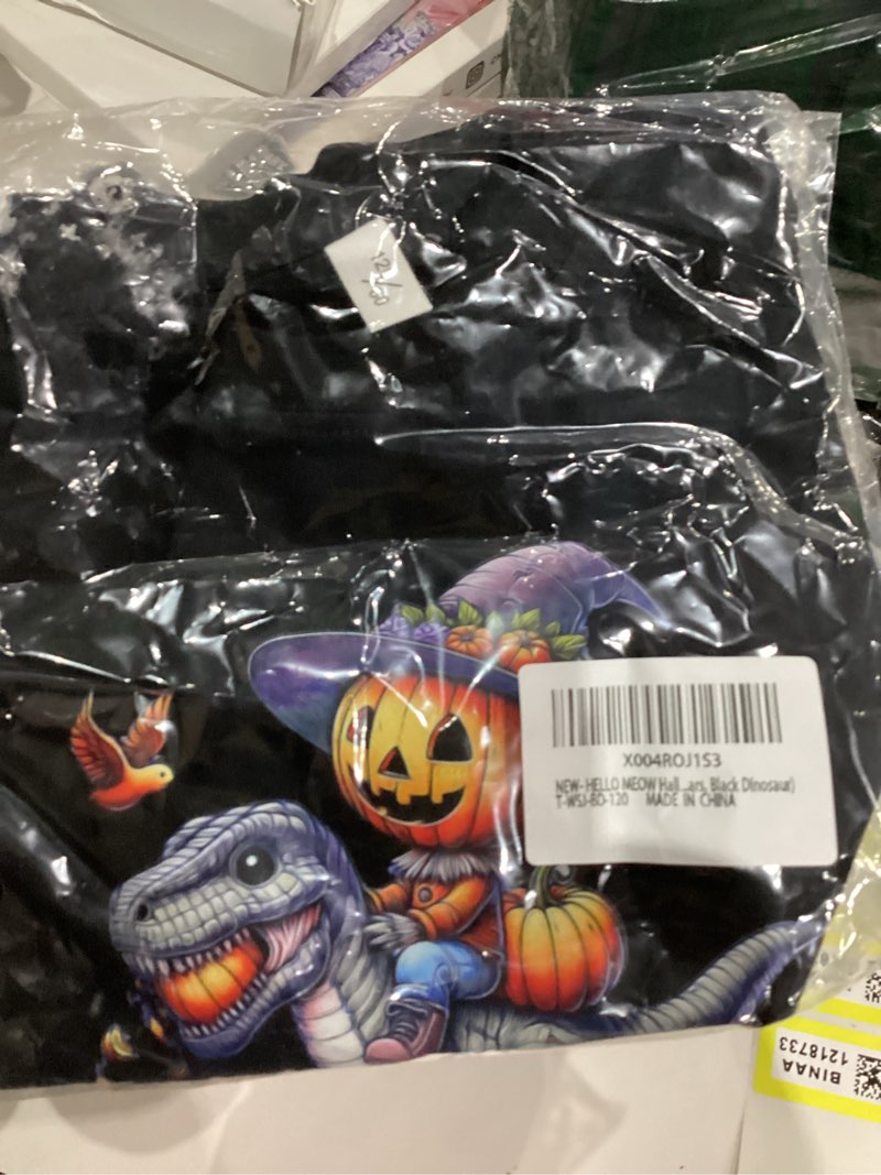 Condition photo showing New/Like New for Boys Halloween Shirt with Cute Pumpkin, Ghost, Bat, and Dinosaur Graphics - Classic Crewneck Cotton Tee for Ages 2-7 Years 6-7 Years Black Dinosaur