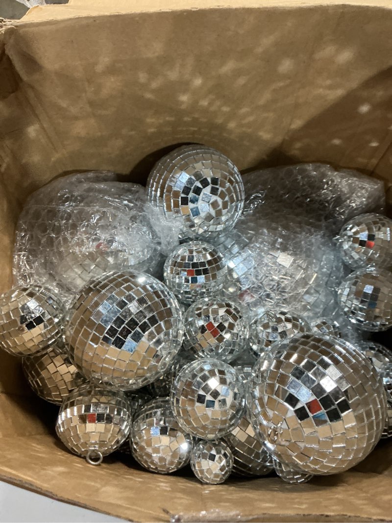 Condition photo showing New/Like New for Funtery 100 Pcs Mirror Disco Balls Bulk Assorted Silver Hanging Disco Ball Decor for Home Wedding Birthday Dance Music 70 S Theme Party Christmas Tree Ornaments(1, 2, 3, 4, 6, 8)
