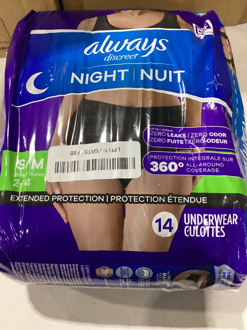 Condition photo showing New/Like New for always discreet adult incontinence overnight underwear for women, small/medium, up to 100% bladder leak protection, 14 count small/medium 14
