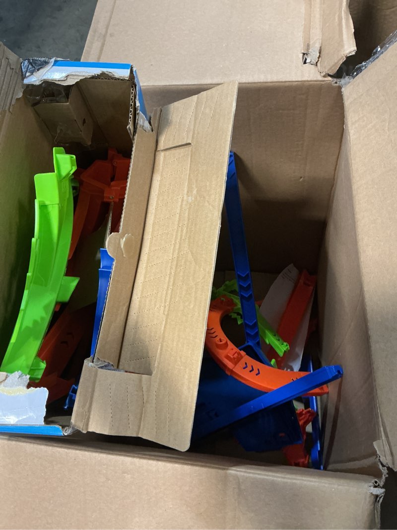 Condition photo showing As Is for hot wheels track set, epic crash dash with 5 crash zones, motorized booster and 1 hot wheels 1:64 scale toy car, easy storage (amazon exclusive)