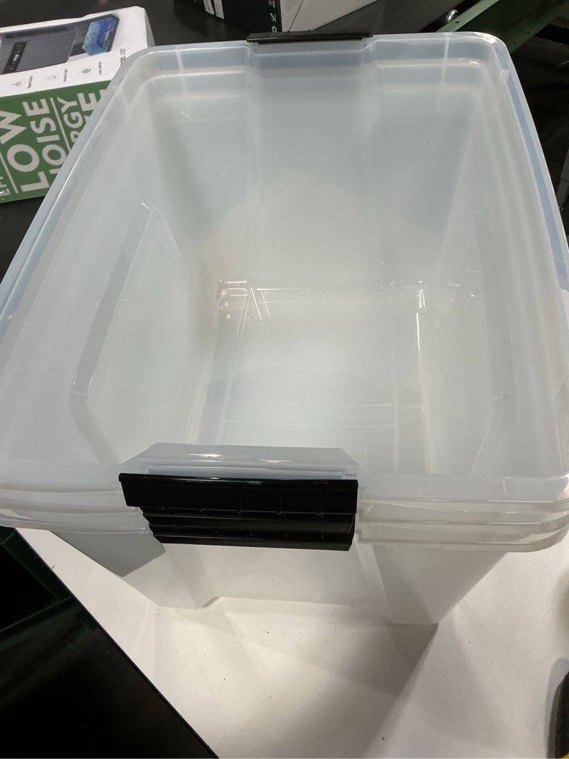 Condition photo showing As Is for ( incomplete ) iris 53 qt. plastic storage bins with lids  stackable storage containers  totes  5 pack