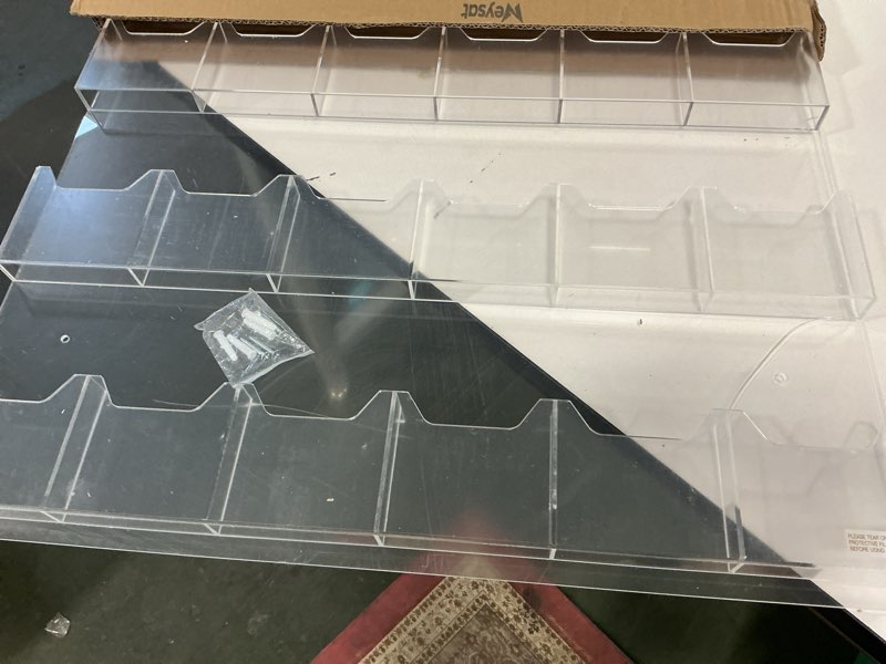 Condition photo showing As Is for Acrylic Brochure Pamphlet Holder - Clear Display Stand with Multi Slot Rack, Wall Mount Pocket for L