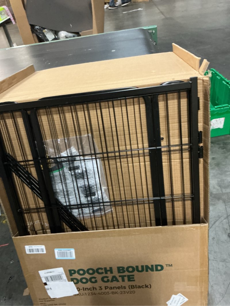 Condition photo showing Good Condition for fxw dog gate extra wide designed for indoor use, adjustable width up to 83-inch wide (40" h 3 wire panels for medium and large dogs), black black up to 83" w?2 panels + 1 door? 40"h