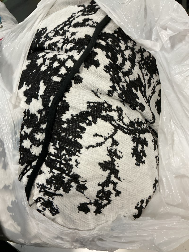 Condition photo showing As Is for Square Pouf Ottoman Foot Stool with Tassels - Soft Chenille for Living Room & Office - Foot Rest, Home Decor & Removable Cover - Modern Black White Tree Design - 19.7" x 11.8"