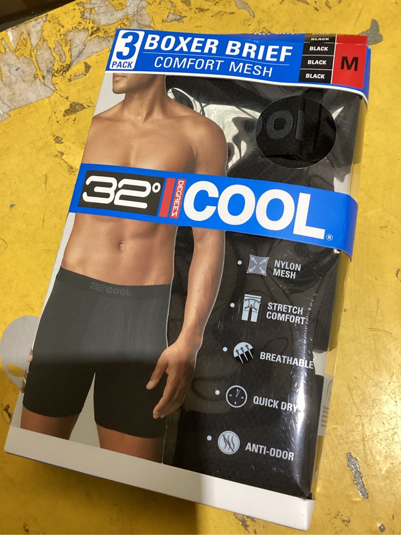 Condition photo showing As Is for 32 degrees mens 3 pack active mesh boxer brief medium blk/blk/blk