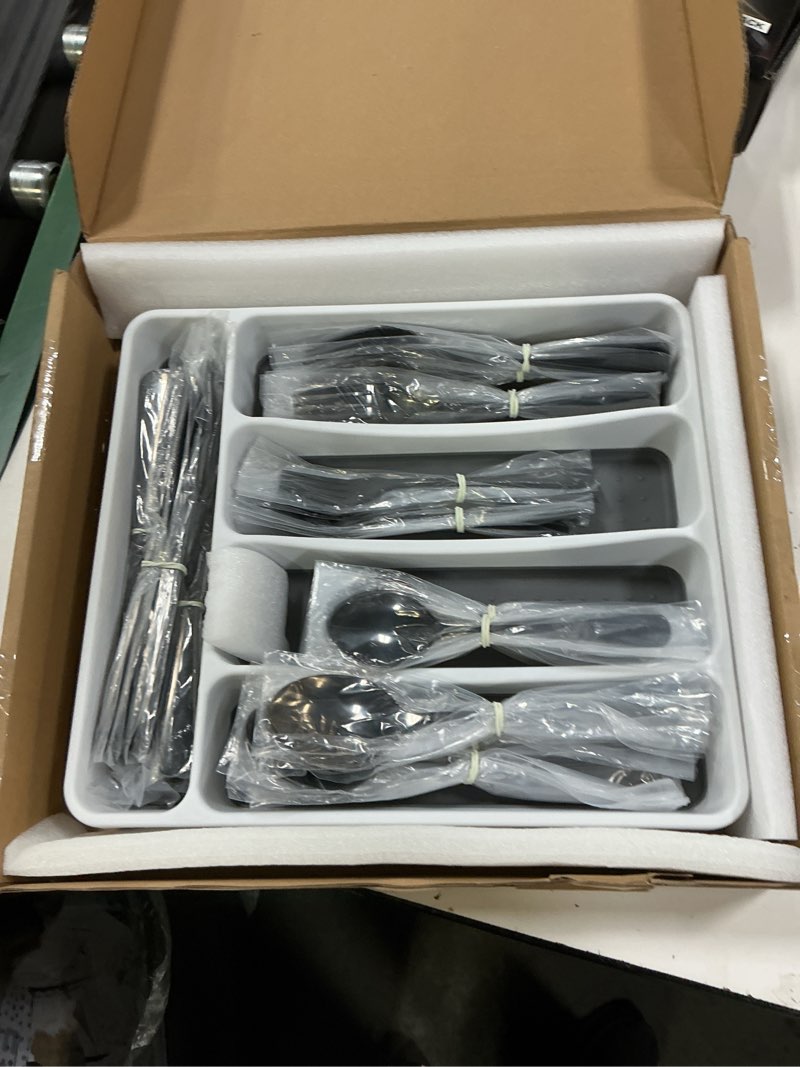 Condition photo showing Good Condition for 60-piece black silverware set with organizer, aiviki stainless steel flatware for 12, cutlery utensil set for home restaurant, tableware includes knife fork spoon set, mirror polished