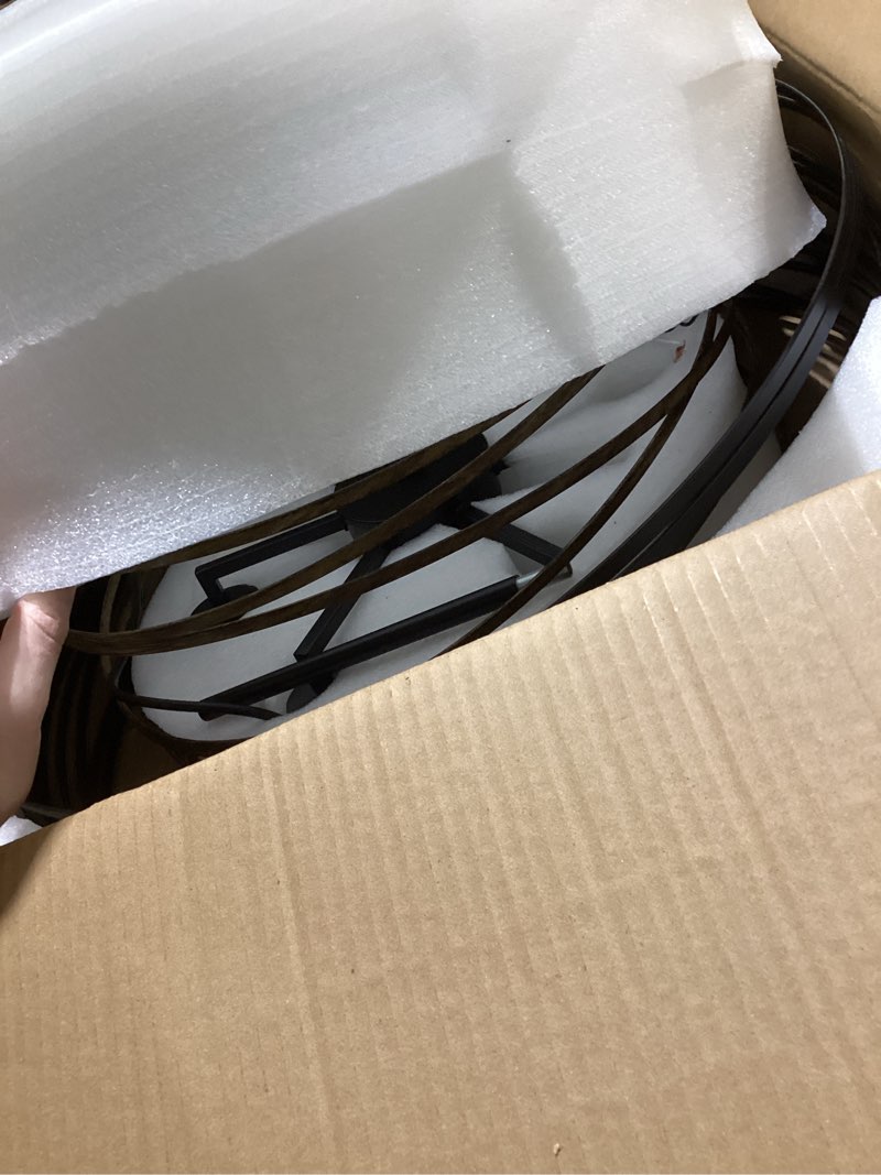 Condition photo showing Good Condition for 23.6'' Rustic Large Drum Chandeliers for Dining Room, 6-Light Modern Farmhouse Lighting for Kitchen Island, Retro Round Entryway Light Fixture, Black with Retro Wood Texture Interior 23.6"/6-Light Black with Retro Wood Texture Interior