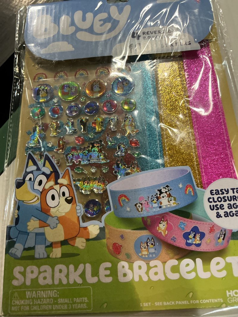 Condition photo showing Good Condition for bluey sparkle bracelet making kit, 4 reversible bracelets with easy closure, 100+ traditional and puffy resin stickers, diy bluey jewelry, arts and crafts for kids age 8-12, toddler gifts