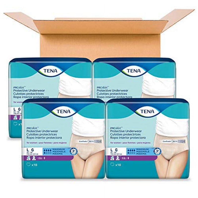 4 pack - tena proskin incontinence underwear for women, maximum absorbency, large, 18 ct