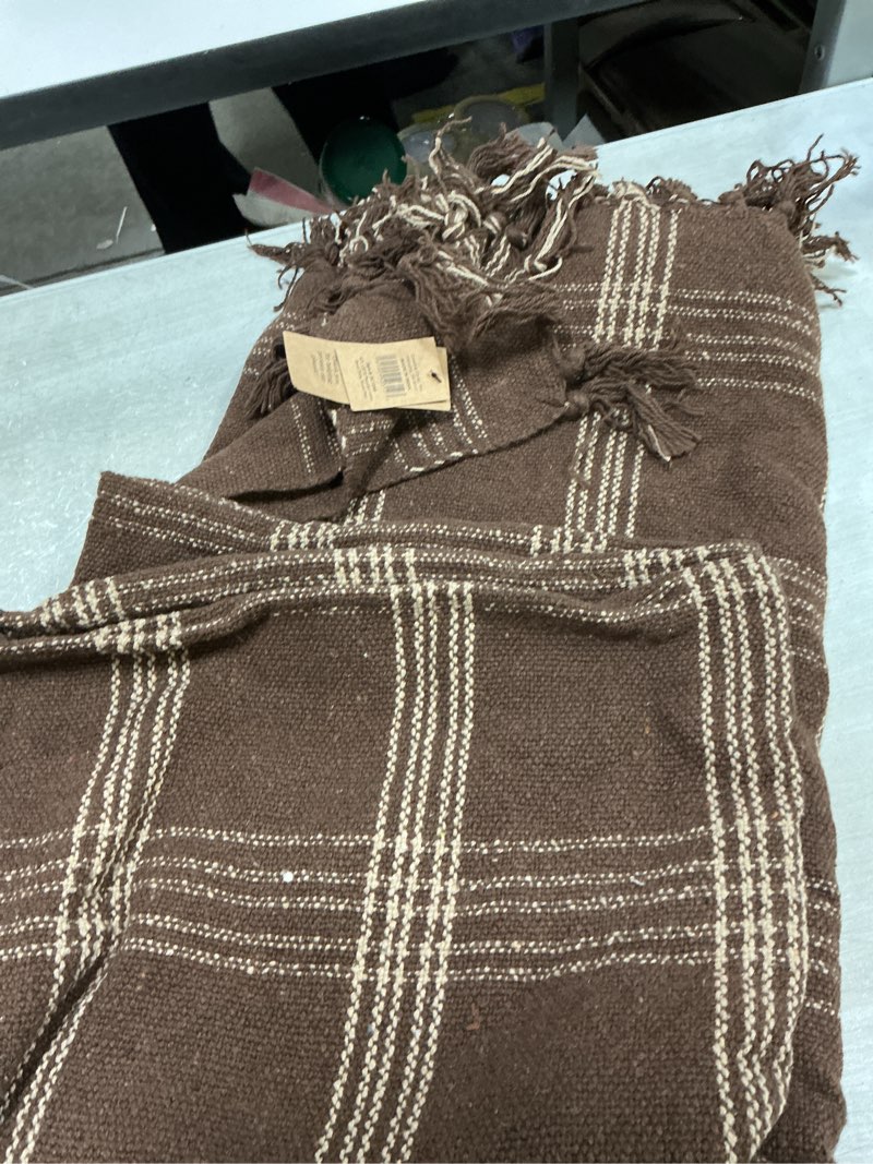 Condition photo showing Good Condition for Creative Co-Op Recycled Cotton Blend Throw Blanket with Fringe, Brown Plaid Brown One Size