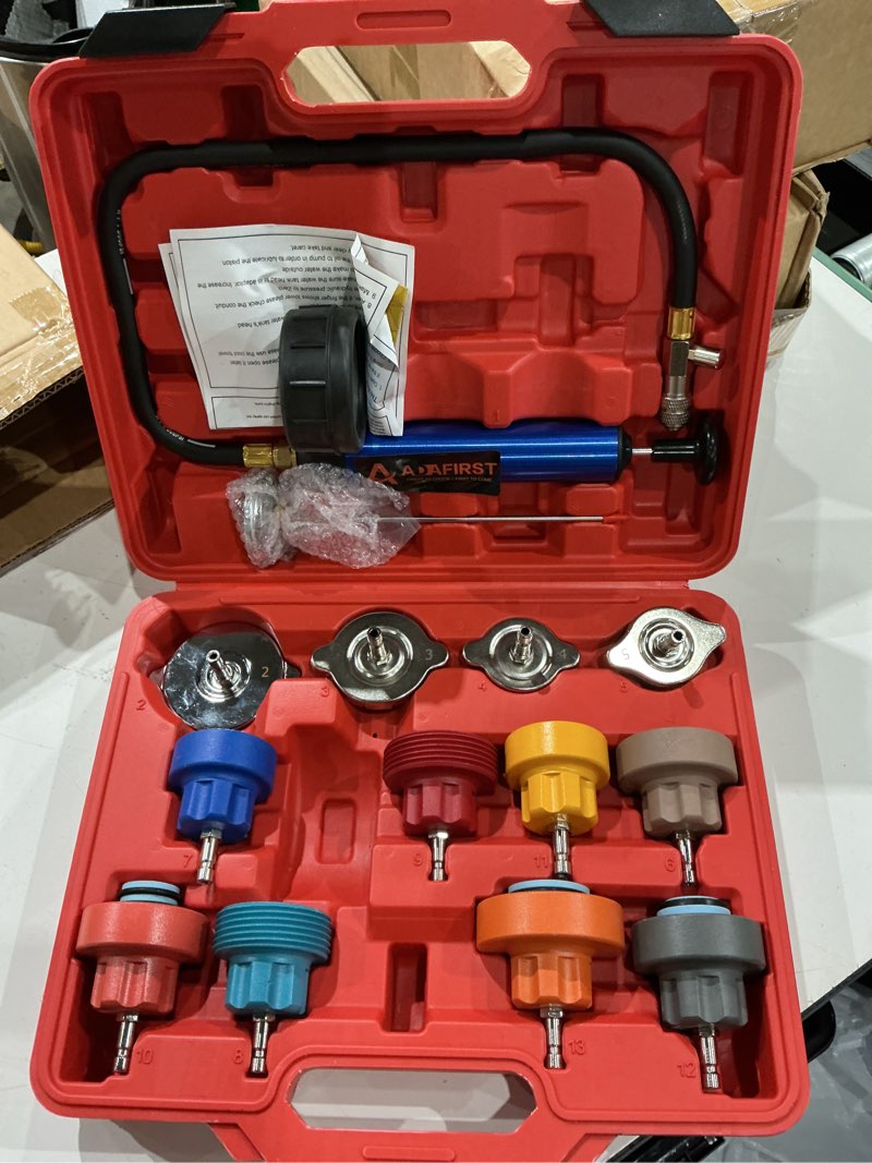 Condition photo showing Good Condition for coolant pressure tester kit, manual pump radiator pressure tester and adapters work on cooling system leak down test for cars motorcycles trucks airlifts, 14pcs automotive tools red