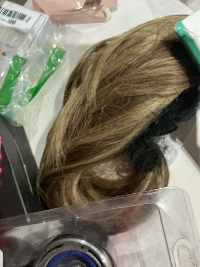 Condition photo showing As Is for cjl hair short claw clip ponytail extension drawstring curly fake faux jaw balayage hairpiece hair piece wavy high pony tails synthetic heat friendly fiber for womens ash medium brown/ash blonde 12 inch (pack of 1)