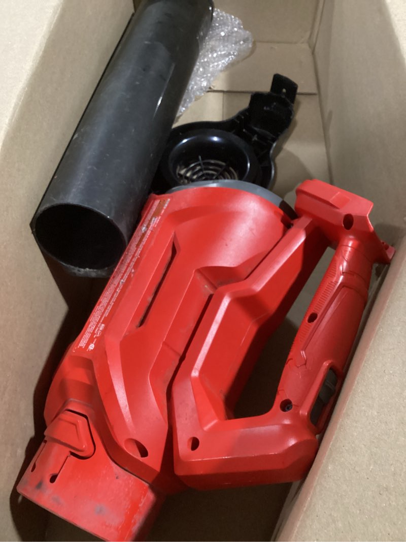 Condition photo showing As Is for craftsman v20 cordless axial leaf blower kit, includes 4.0 ah battery and charger, 100 mph and 380 cfm clearing power, lightweight, 2 speed trigger (cmcbl700m1)