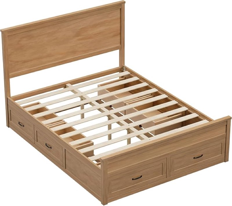 (incomplete box 1/2)queen size platform bed with 6 drawers for adult, wood storage bed frame with wooden slats support, no box spring needed, seadrift