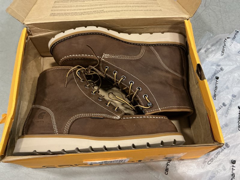 Condition photo showing New/Like New for carhartt men's waterproof 6" moc steel toe wedge work boot 10.5 dark brown oil tanned