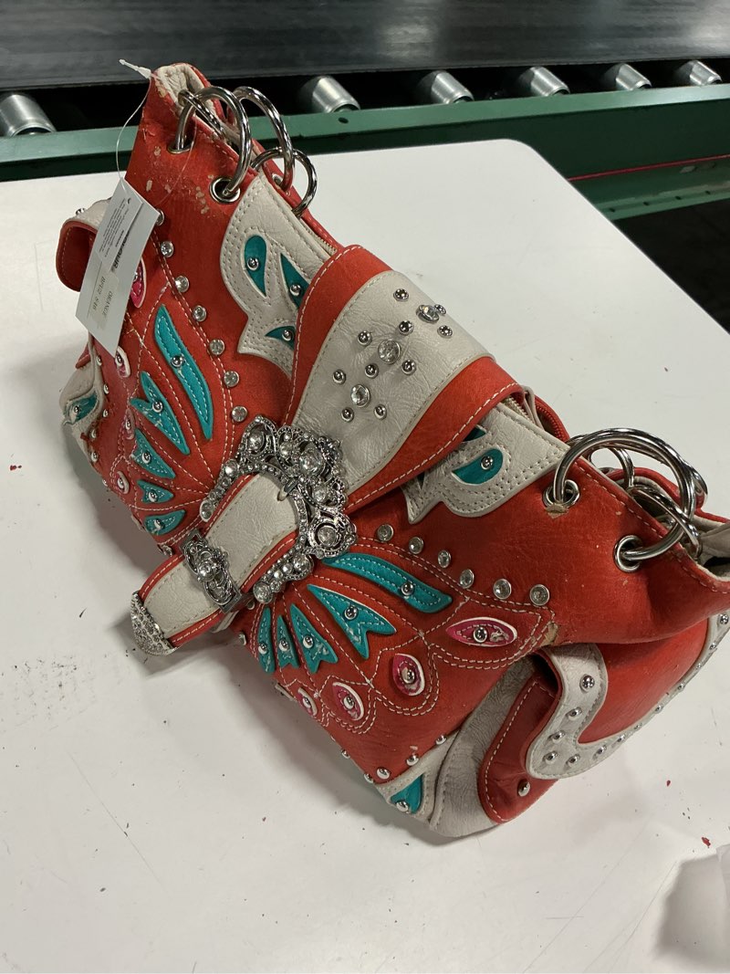 Condition photo showing As Is for orange and turquoise studded accented western style satchel handbag