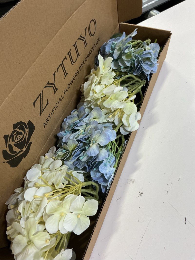 Condition photo showing New/Like New for 2pcs white & 2pcs 20" light blue hydrangea artificial flowers real touch faux hydrangeas with long stem for spring home decor baby shower floral arrangement kitchen party wedding xmas decor white/light blue