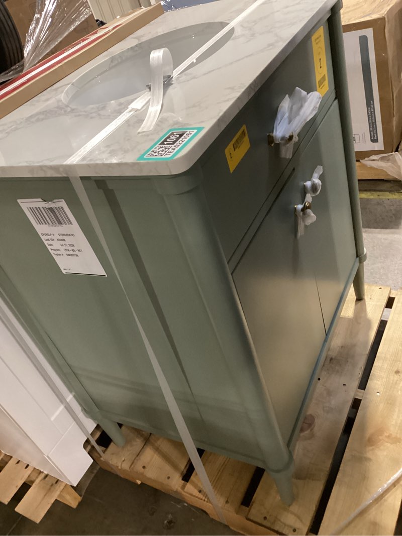 Condition photo showing As Is for allen + roth rian 30-in sea green undermount single sink bathroom vanity