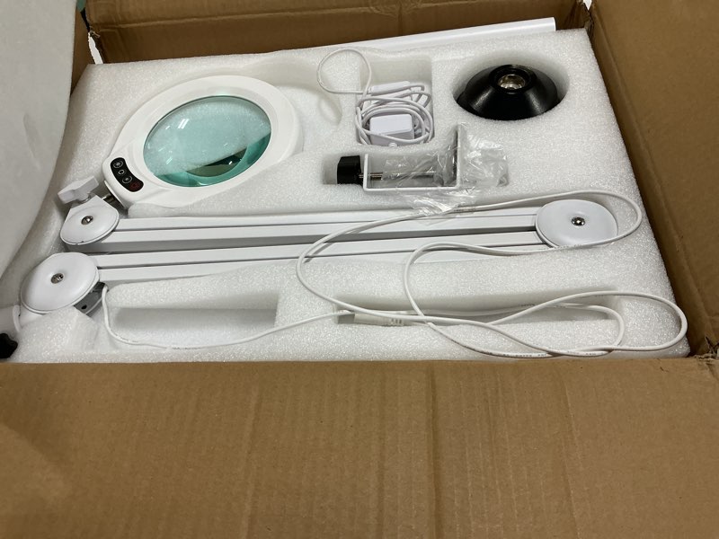 Condition photo showing Good Condition for 10X Magnifying Glass with Light and Stand, Super Bright 2,200 Lumens LED Magnifying Floor lamp with 5 Wheels Rolling Base, 5 Color Modes Stepless Dimming Lighted Magnifier for Esthetician Facial Salon White 10X